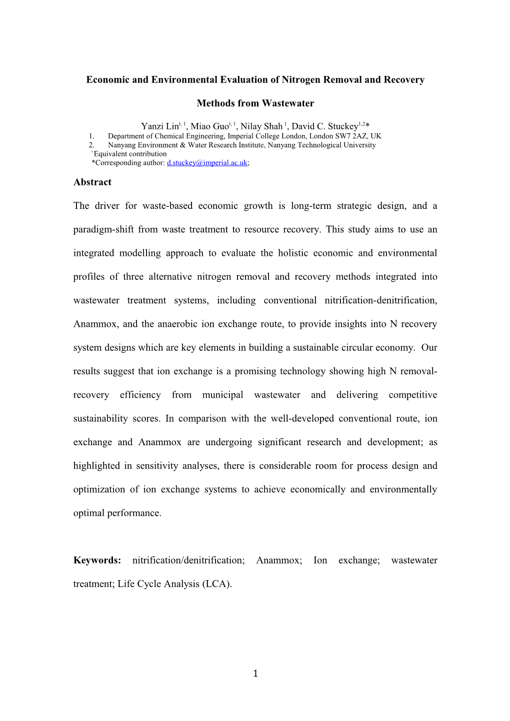 Economic and Environmental Evaluation of Nitrogen Removal and Recovery Methods from Wastewater