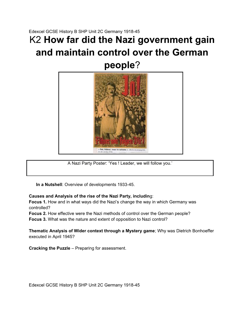 Edexcel GCSE History B SHP Unit 2C Germany 1918-45