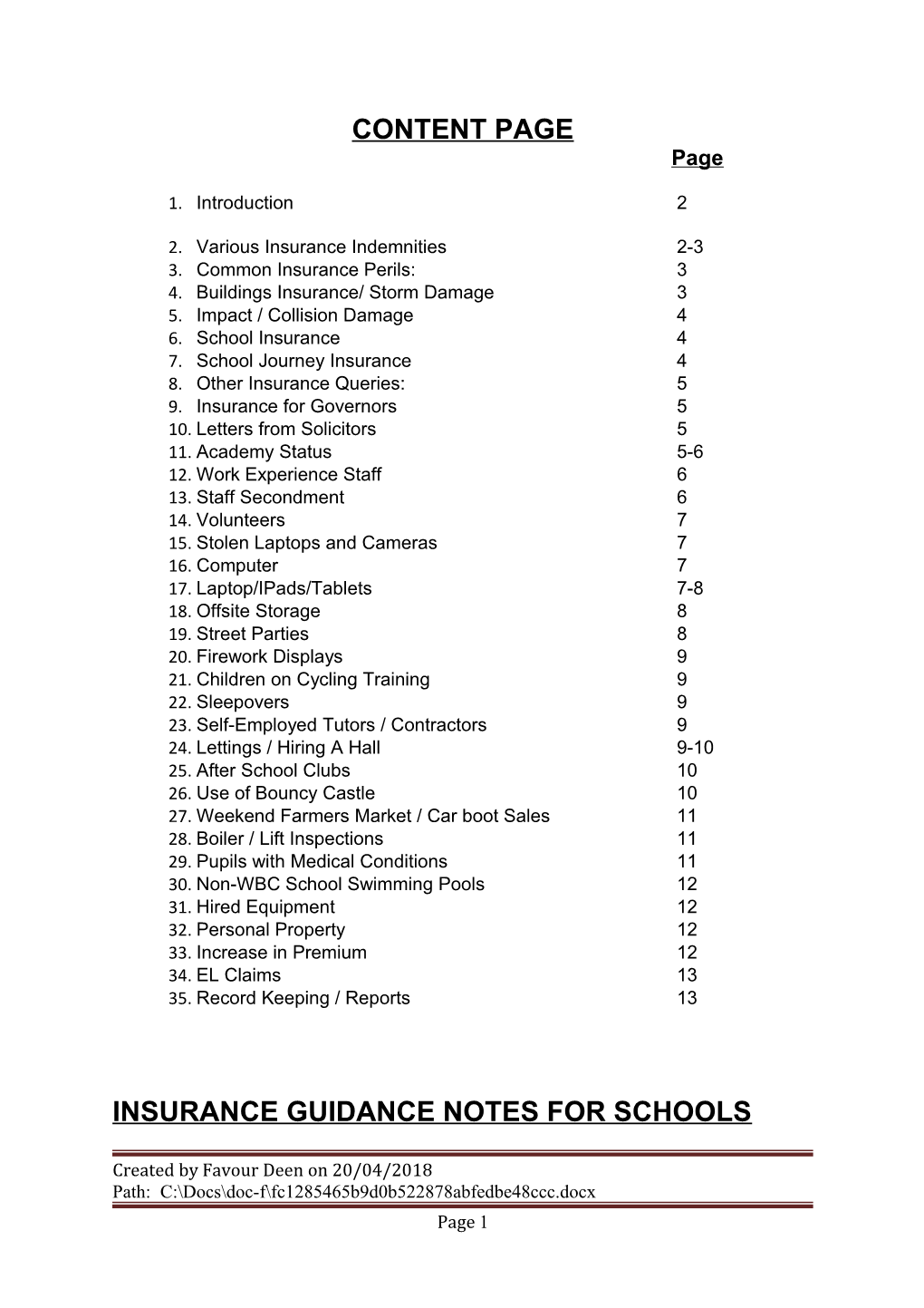 Various Insurance Indemnities 2-3