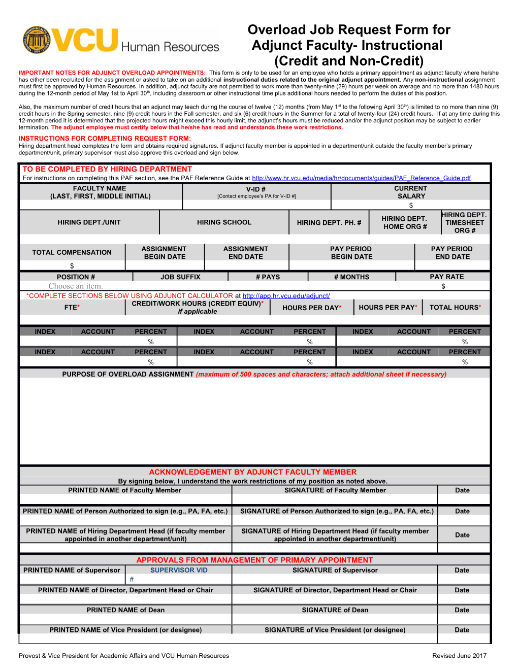 Overload Job Request Form for Adjunct Faculty- Instructional