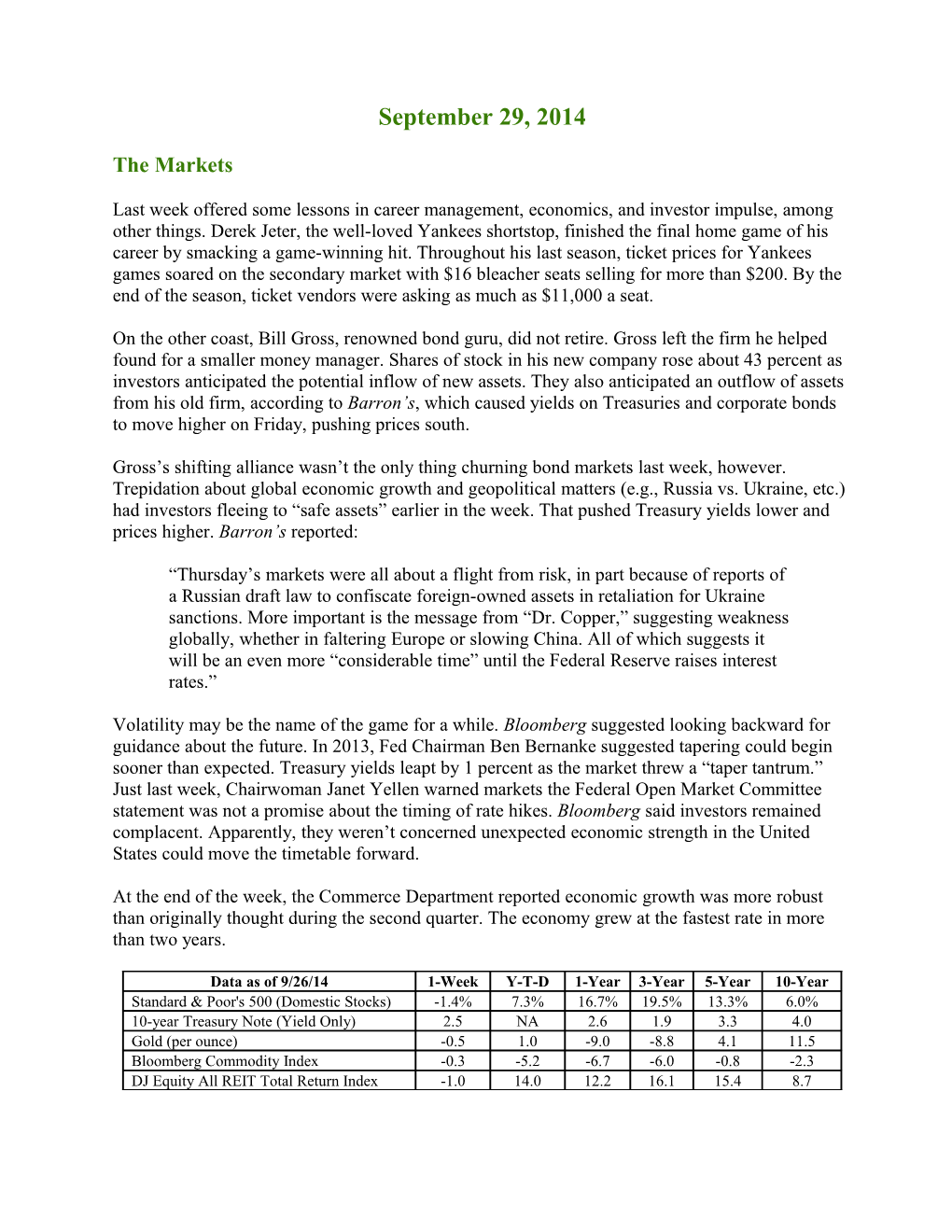 Weekly Commentary 09-29-14 PAA