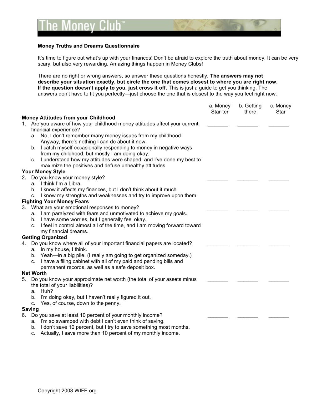 Money Dreams and Truths Worksheet