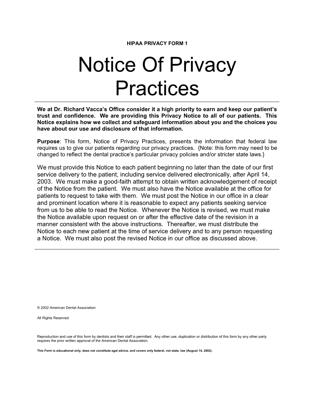 Form 03-Notice of Privacy Practices (03-NOTIC;1) s1