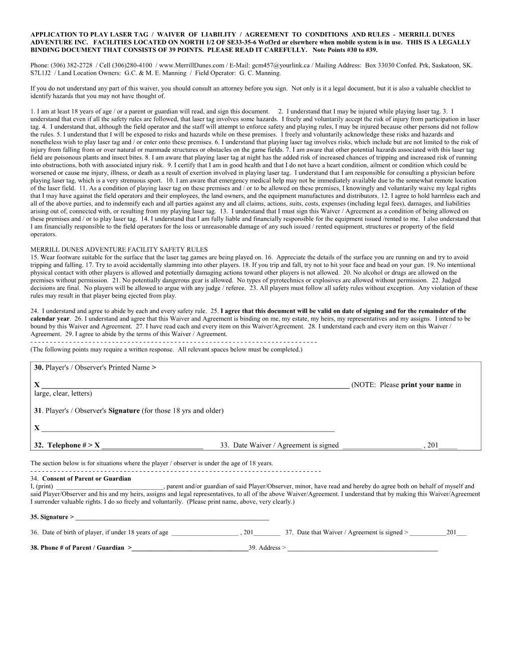Application to Play Or Observe Paintball/Waiver of Liability/Agreement to Conditions And