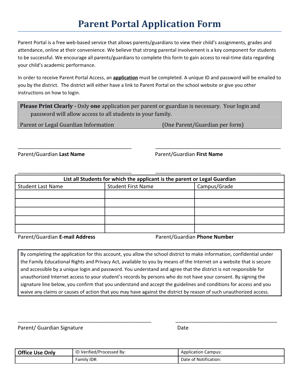 Parent Portal Application Form