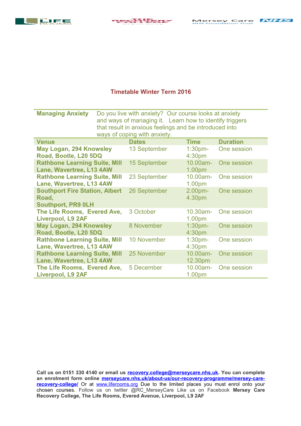 Timetable Winter Term 2016