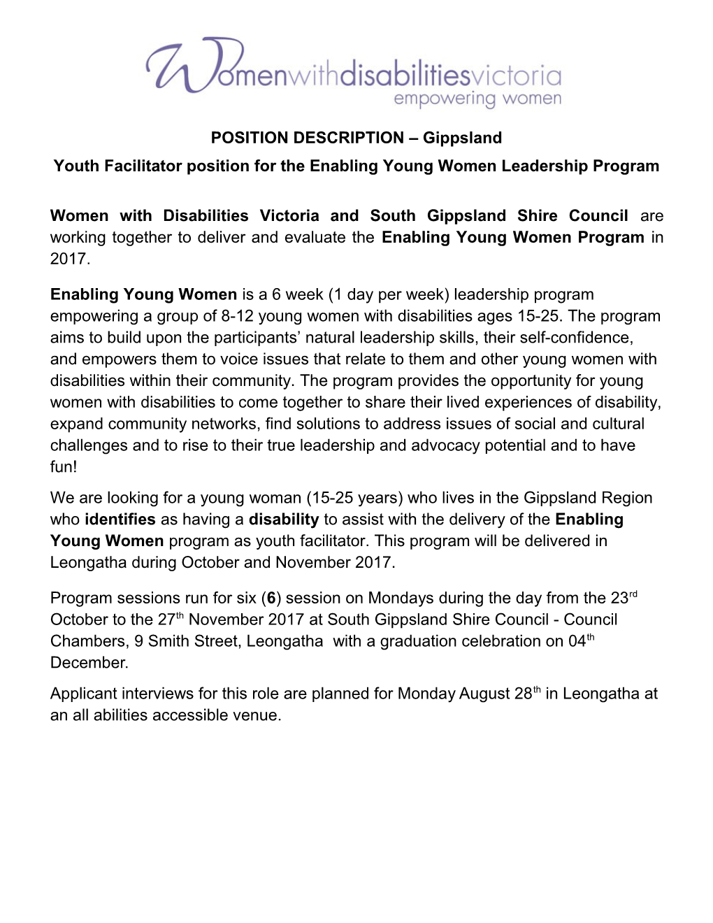 Youth Facilitator Position for the Enabling Young Women Leadership Program