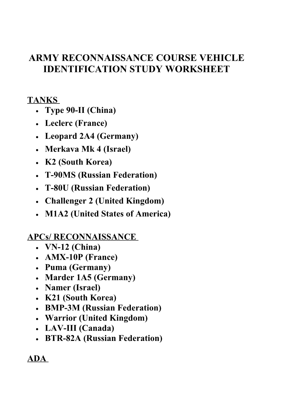 Army Reconnaissance Course Vehicle Identification Study Worksheet