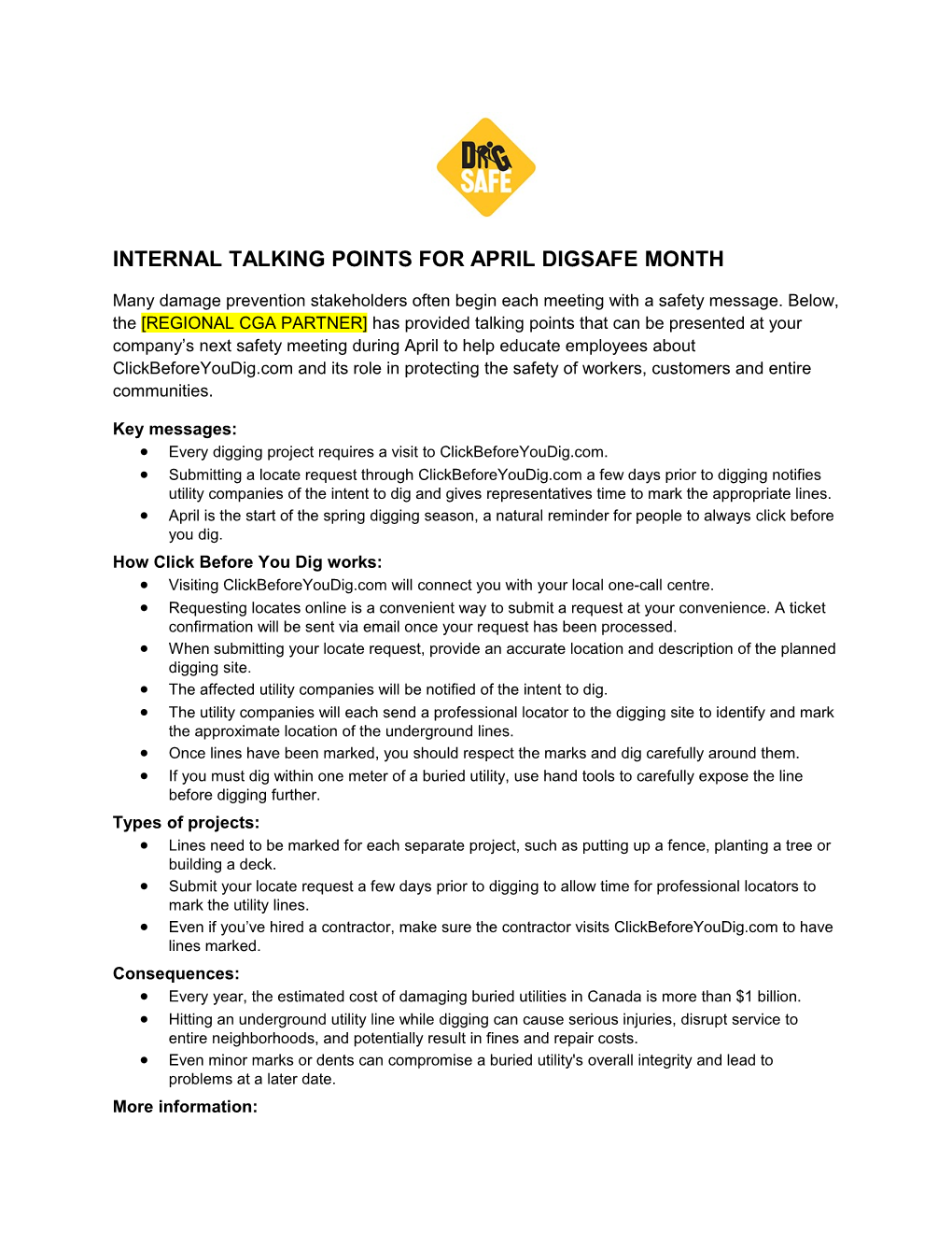 Internal Talking Points for April Digsafe Month