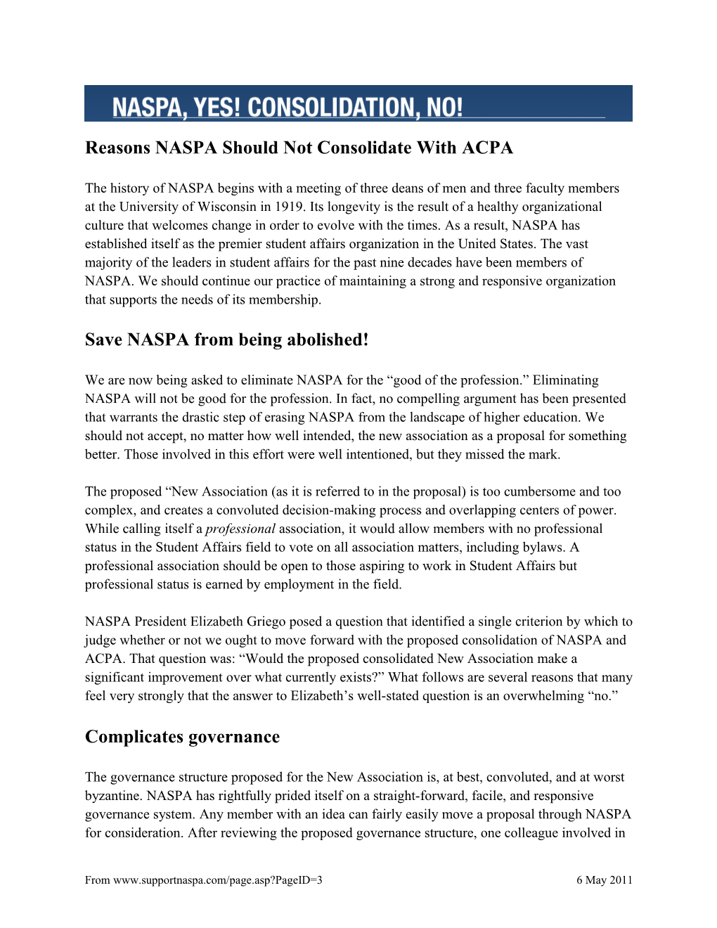 Reasons NASPA Should Not Consolidate with ACPA