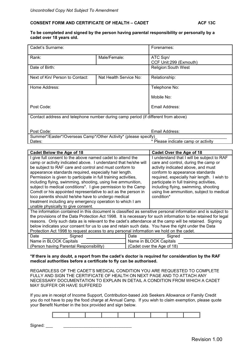 Acf 13C (Cadet) - Consent Form and Certificate of Health