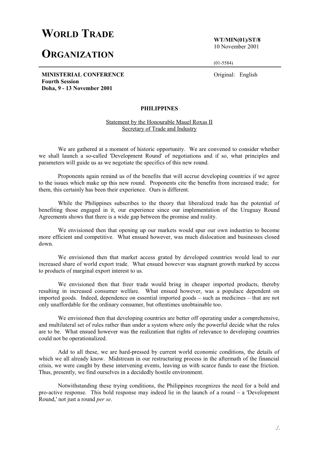 Statement by the Honourable Mauel Roxas II