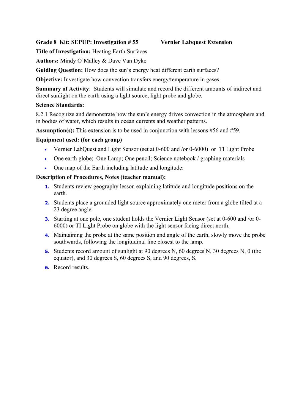 Grade8 Kit:SEPUP:Investigation # 55 Vernier Labquest Extension