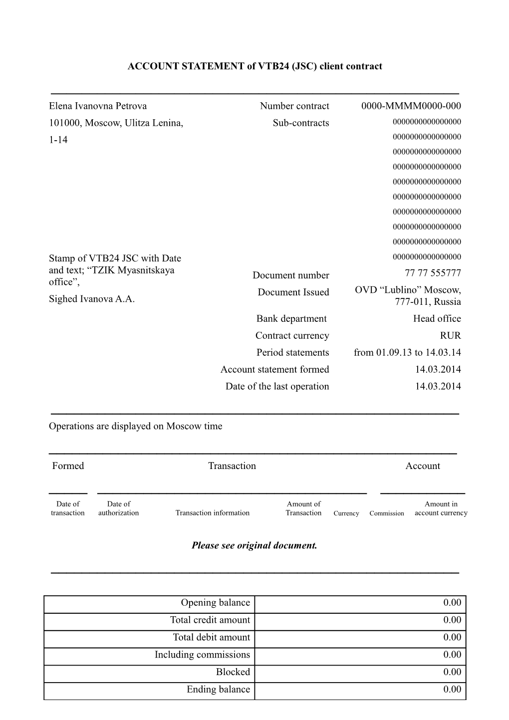 ACCOUNT STATEMENT of VTB24 (JSC) Client Contract