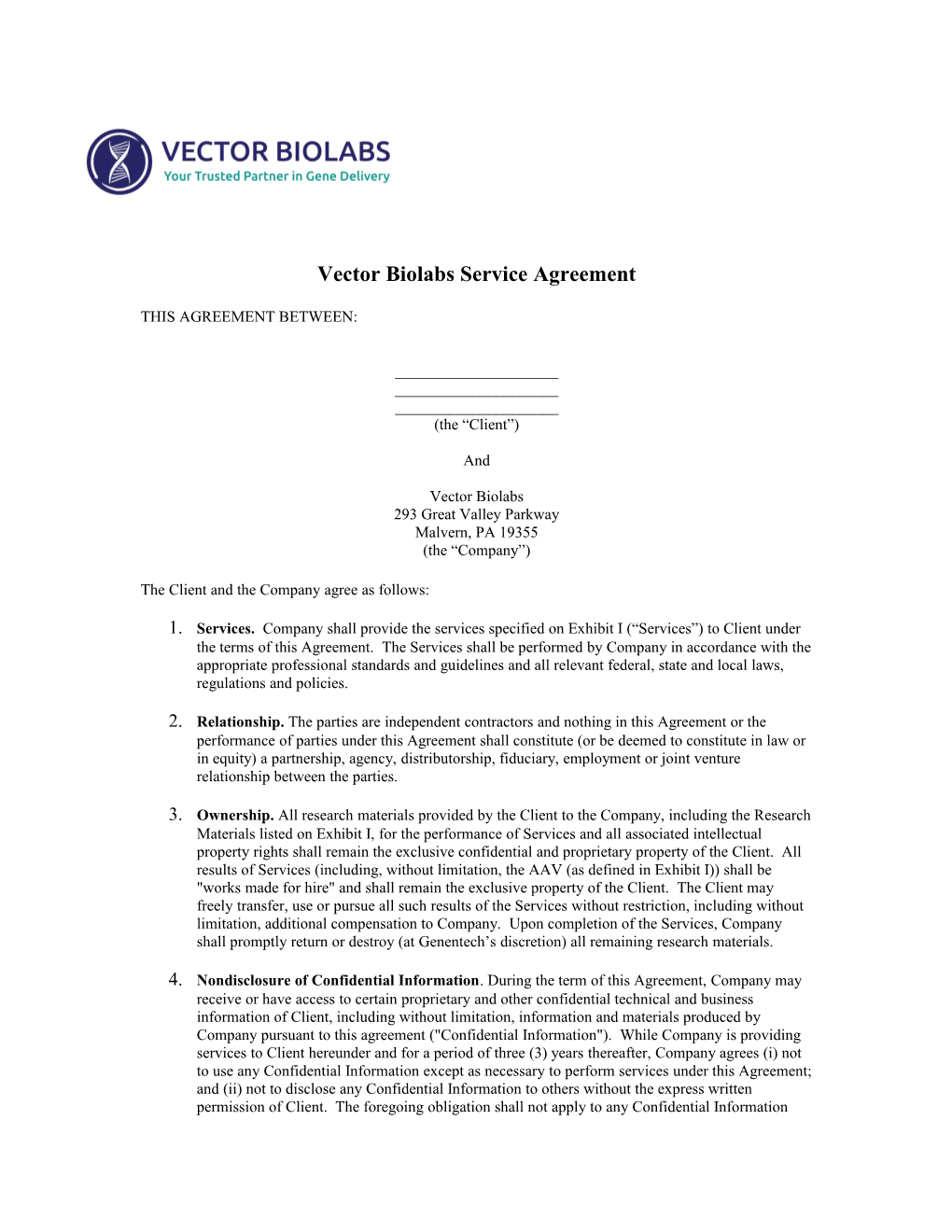 Vector Biolabs Service Agreement
