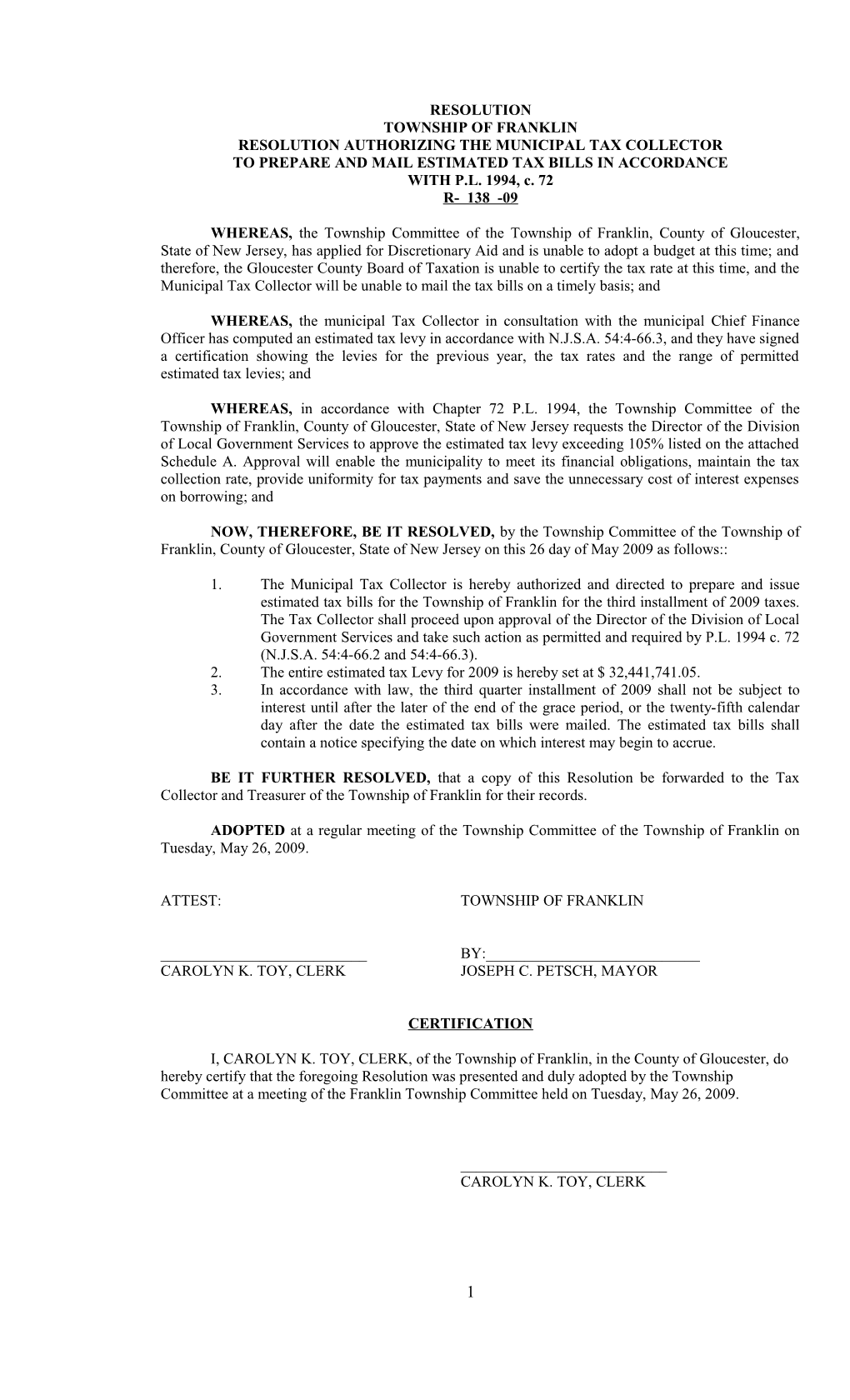Resolution Authorizing the Municipal Tax Collector