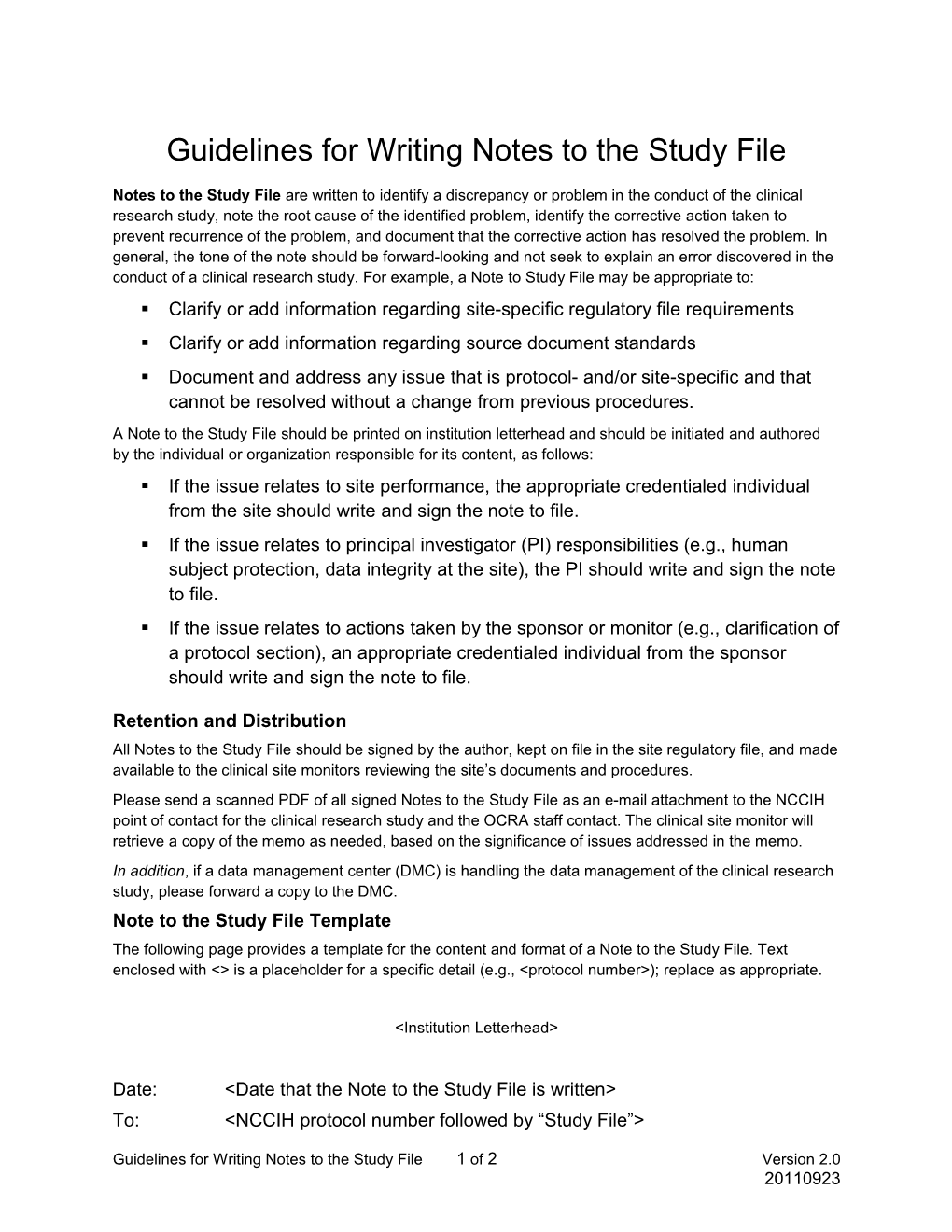 Guidelines for Writing Notes to the Study File