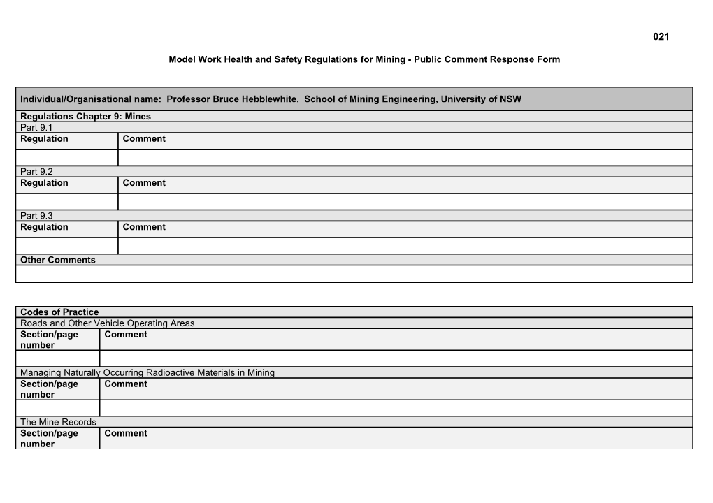 Model Work Health and Safety Regulations for Mining - Public Comment Response Form s1