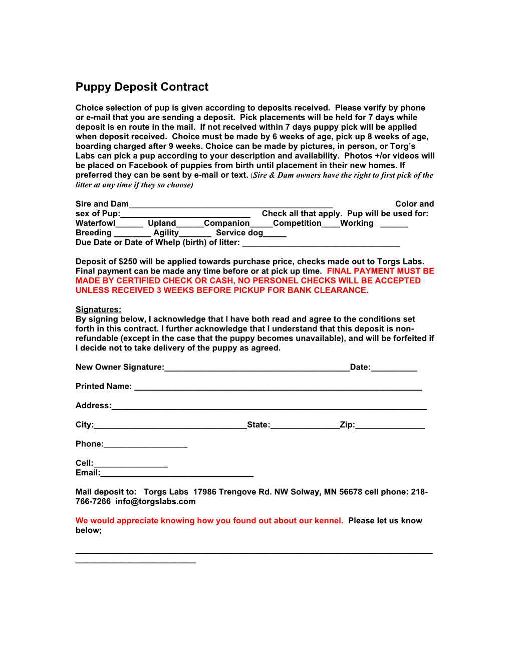 Puppy Deposit Contract