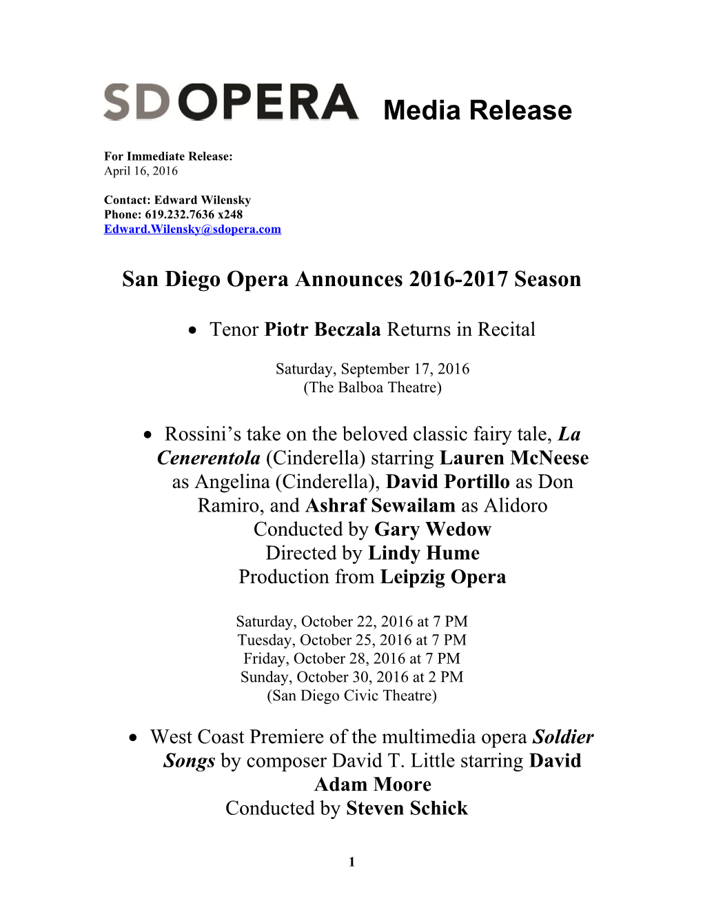 San Diego Opera Announces 2016-2017 Season