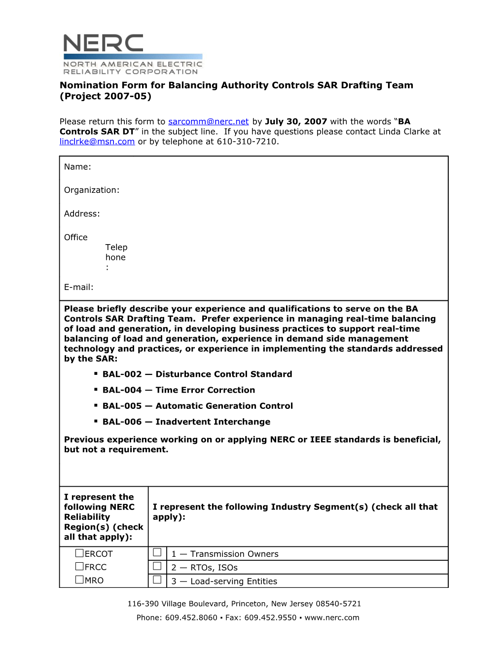 Subject Matter Expert Self-Nomination Form for Standard Drafting Team