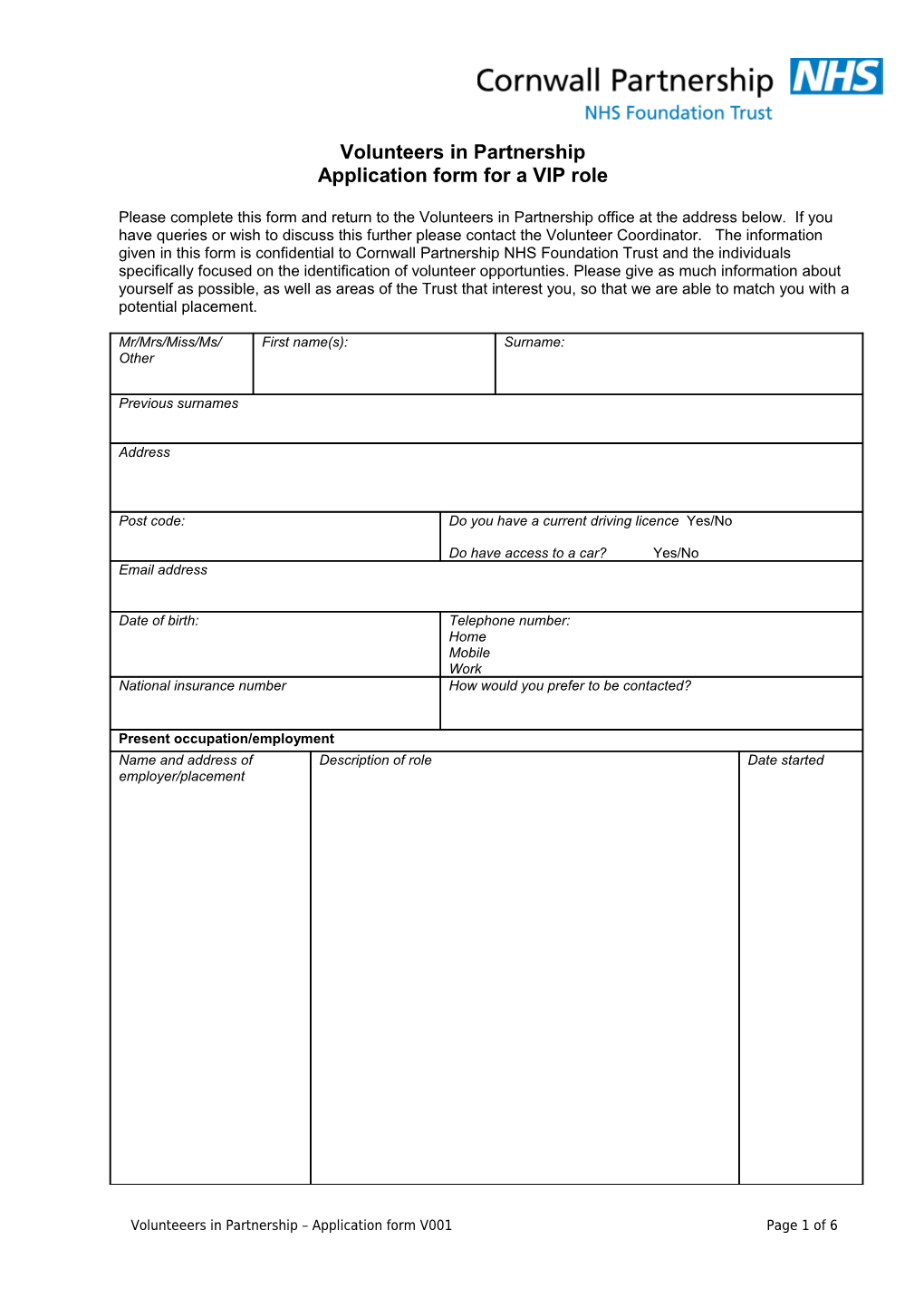 Application Form for a VIP Role