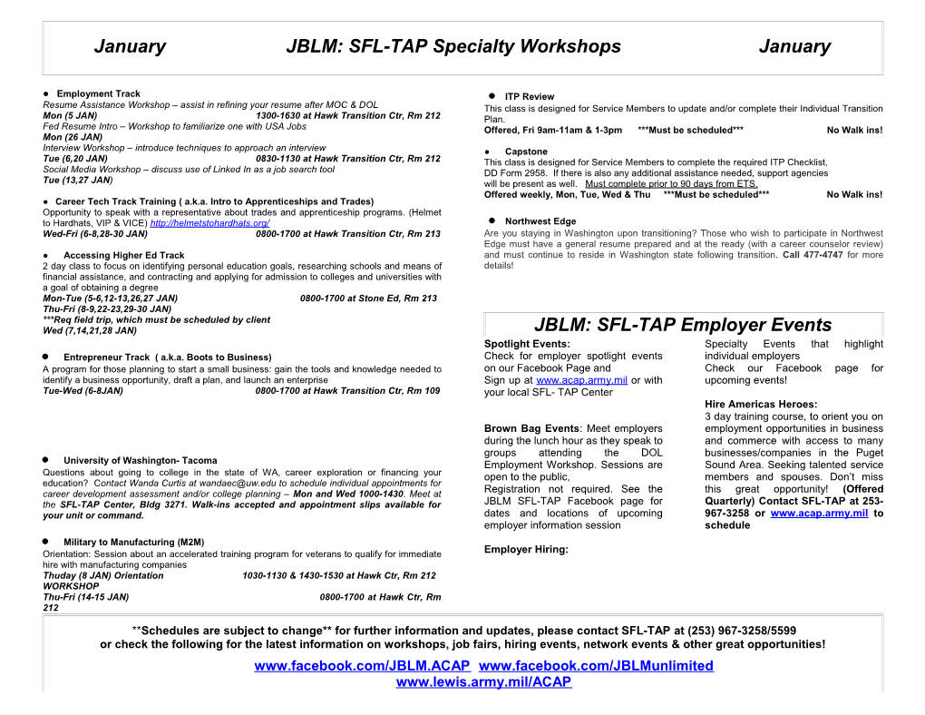 January JBLM: SFL-TAP Specialty Workshops January