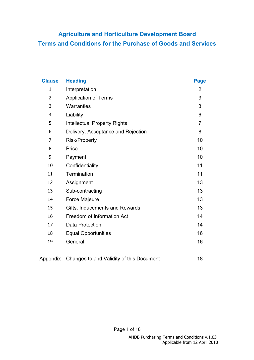 AHDB Standard Terms and Conditions for Purchase of Goods and Services