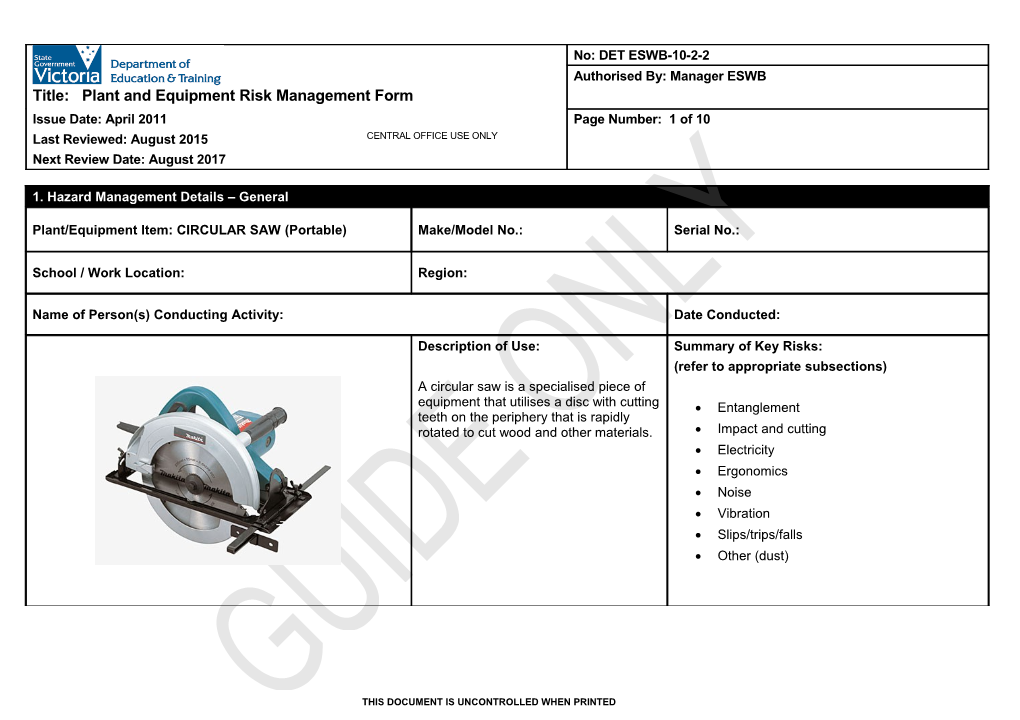 Plant and Equipment Risk Management Form - Circular Saw