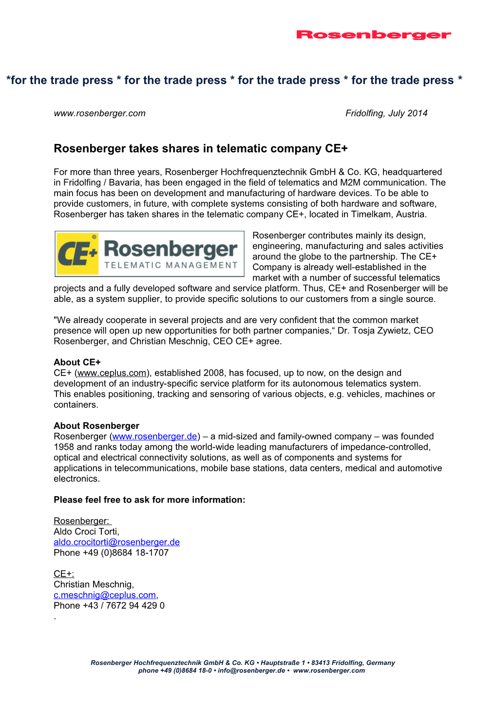 Rosenberger Takes Shares in Telematic Company CE+