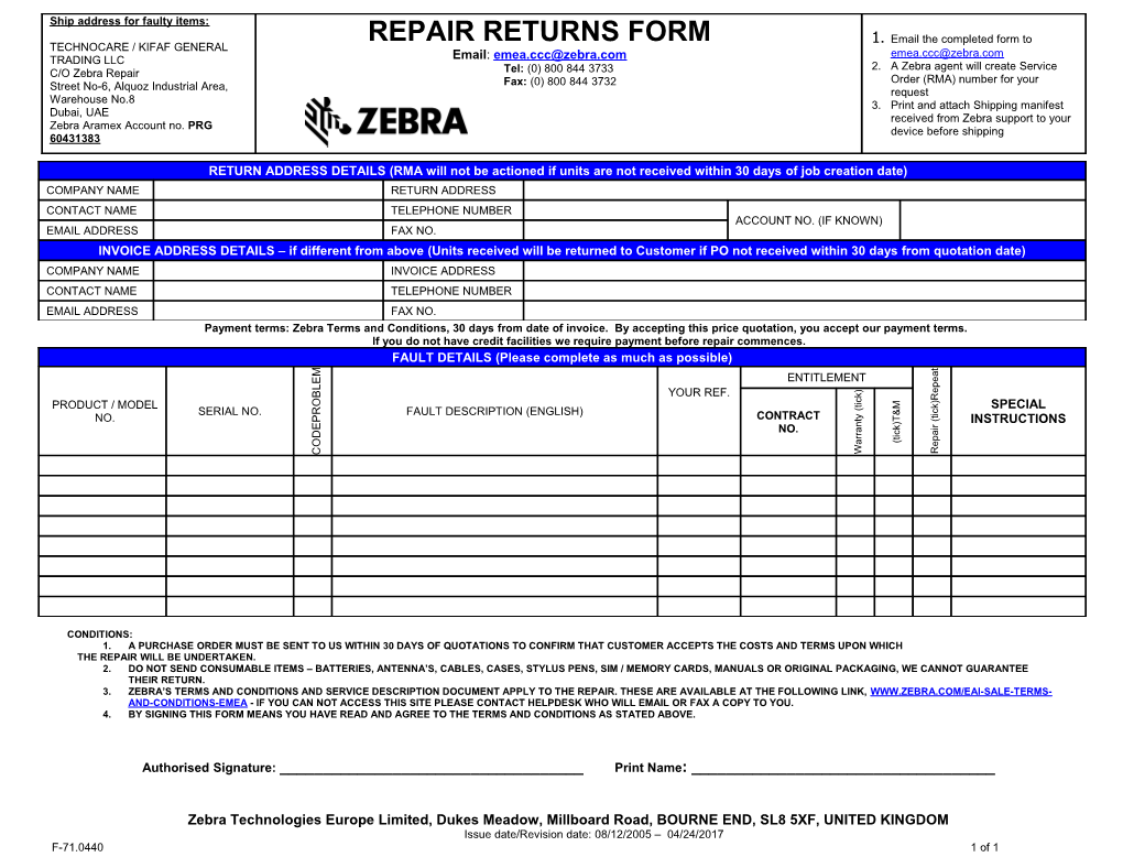Repair Returns Form