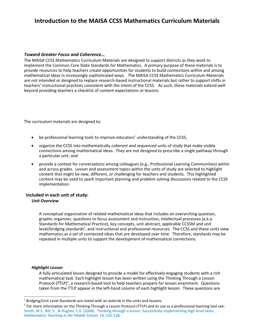 Introduction to the MAISA CCSS Mathematics Curriculum Materials