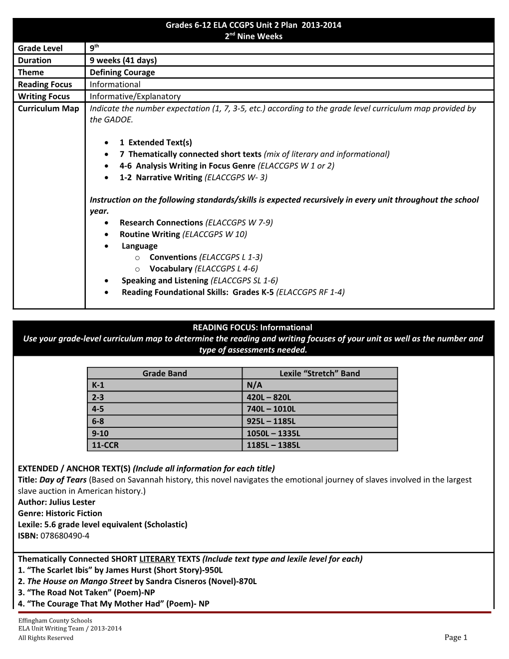 Grades 6-12 ELA CCGPS Unit 2 Plan 2013-2014