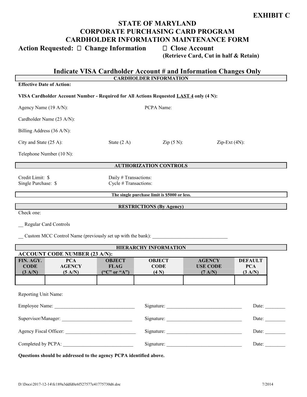 Cardholdre Information Form