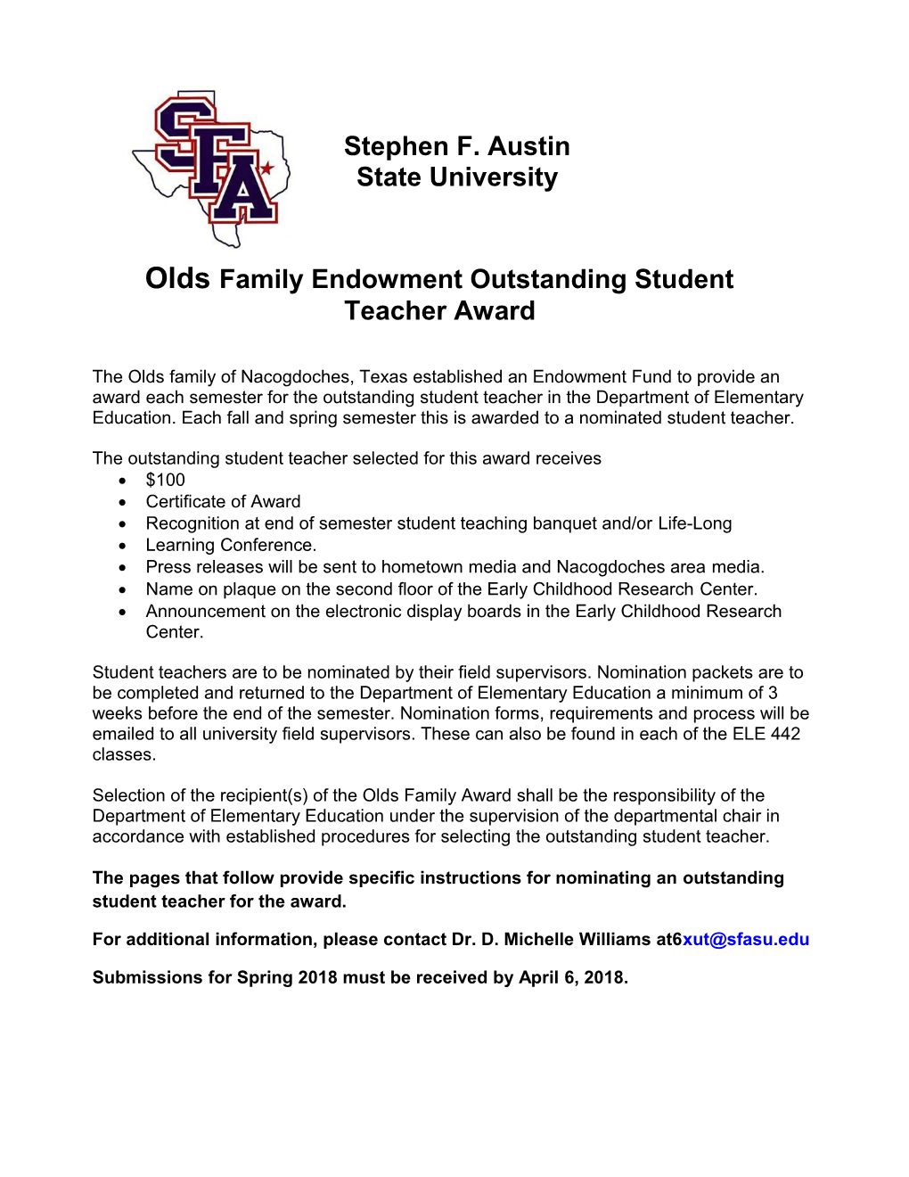 Olds Family Endowment Outstanding Student Teacher Award