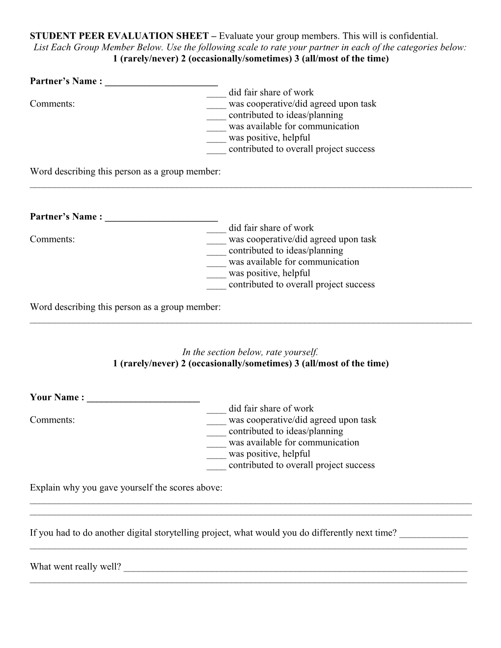 STUDENT PEER EVALUATION SHEET Evaluate Your Group Members