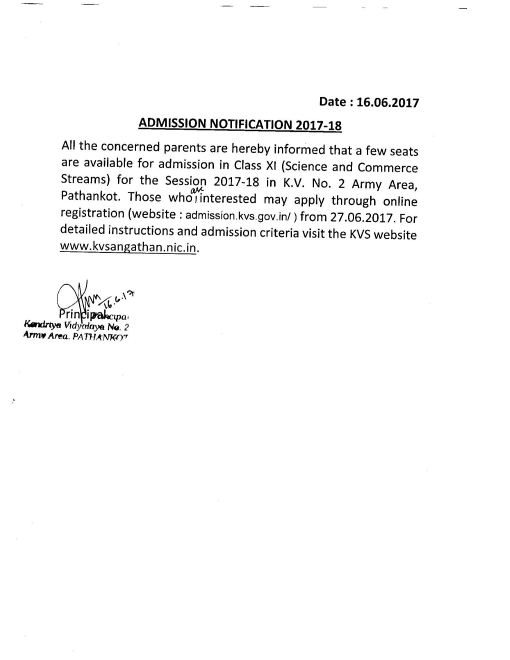 Admission Notice