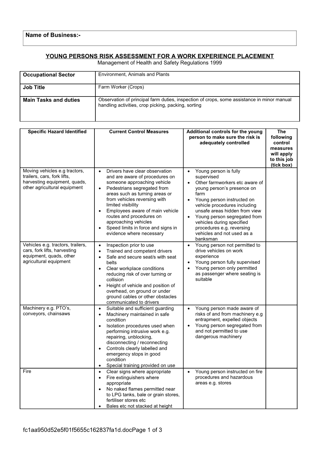 Section 3 - YOUNG PERSONS RISK ASSESSMENT for the STUDENT s2