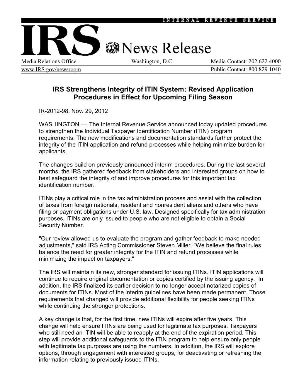 IRS Strengthens Integrity of ITIN System; Revised Application Procedures in Effect For