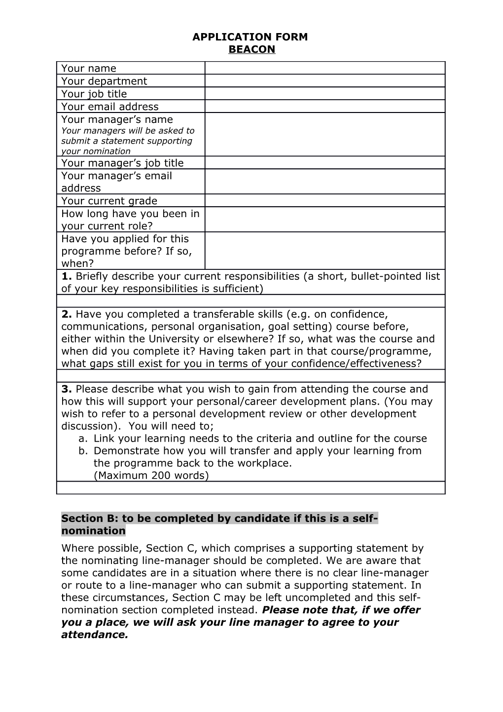 Section B: to Be Completed by Candidate If This Is a Self-Nomination