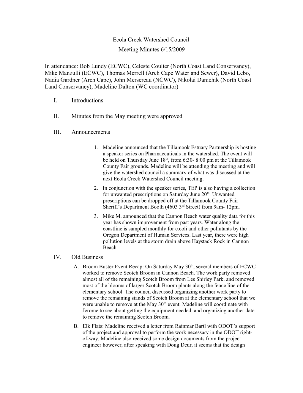 Ecola Creek Watershed Council Meeting Minutes 4/16/2007