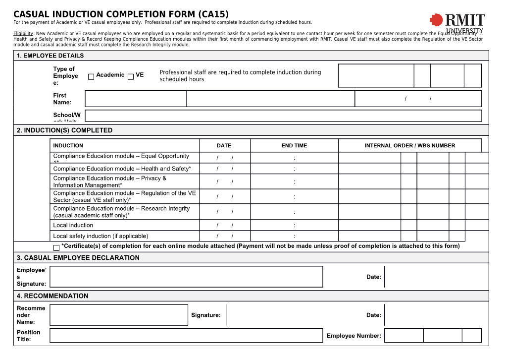 Casual Induction Completion Form