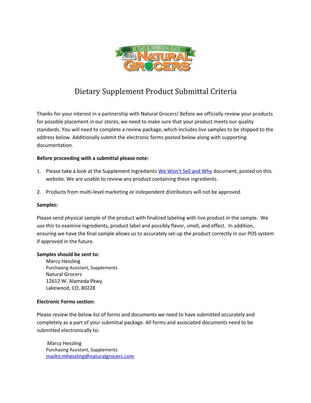 Dietary Supplement Product Submittal Criteria