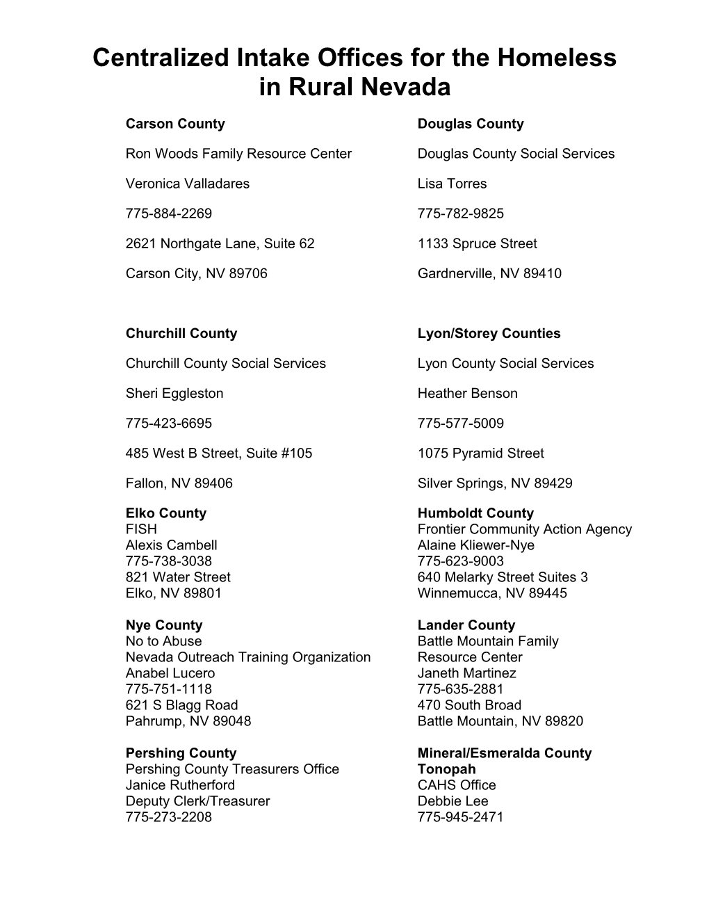 Centralized Intake Offices for the Homeless in Rural Nevada