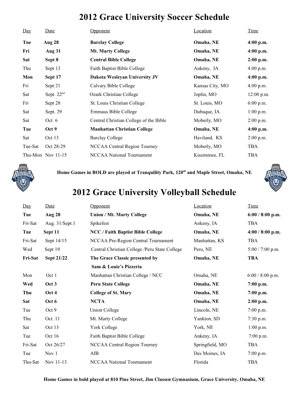 2012 Grace University Soccer Schedule