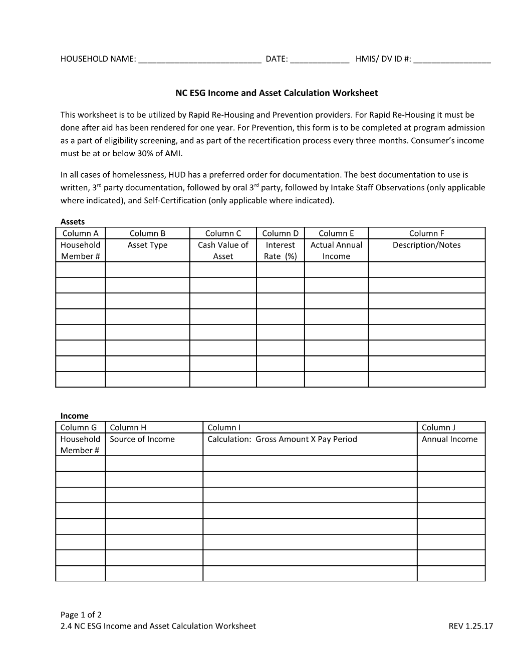 NC HPRP Income and Asset Calculation Worksheet