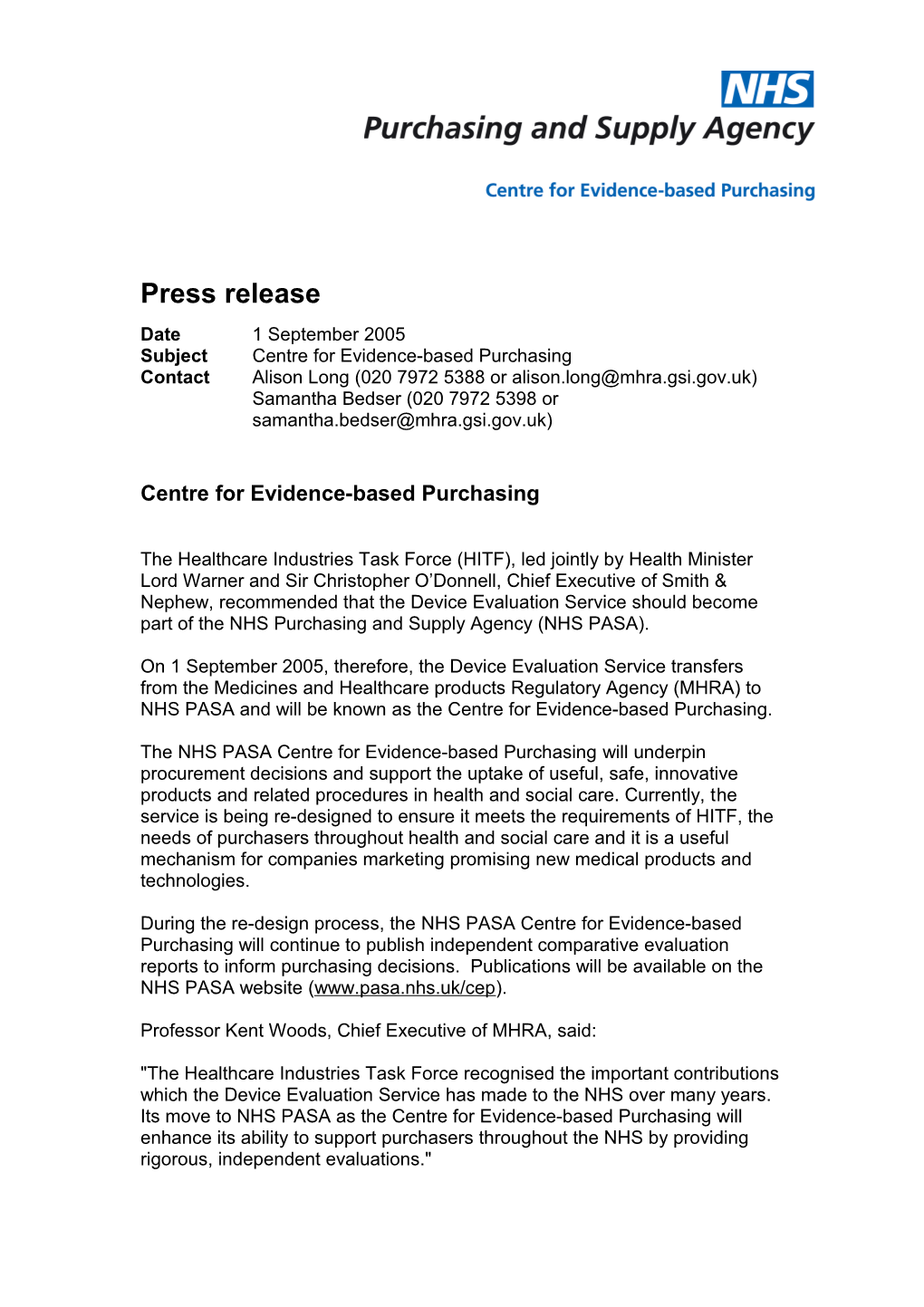 Subject Centre for Evidence-Based Purchasing