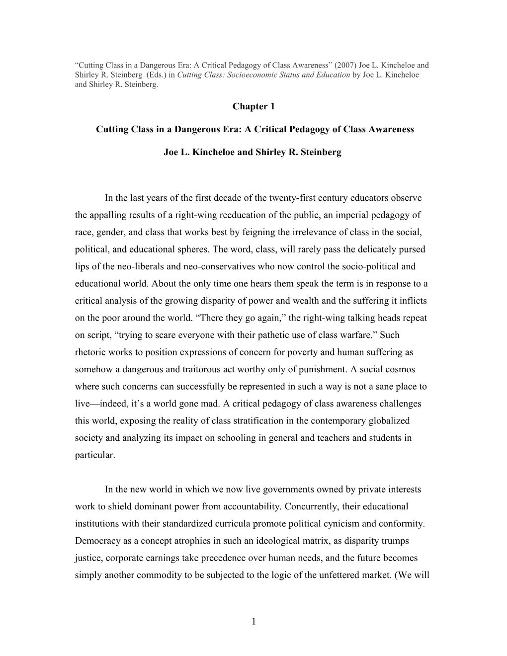 Cutting Class in a Dangerous Era: a Critical Pedagogy of Class Awareness