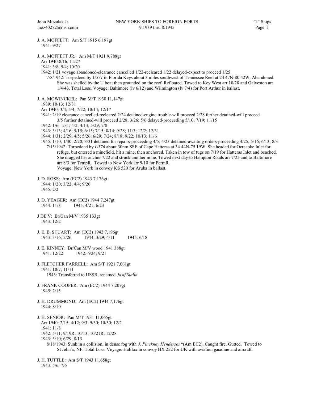 John Mozolak Jr. NEW YORK SHIPS to FOREIGN PORTS J Ships