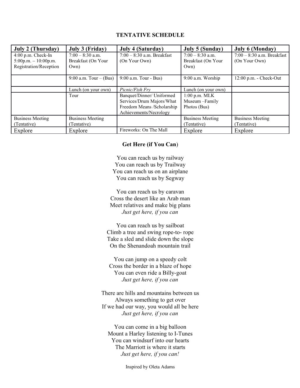 Tentative Schedule s1